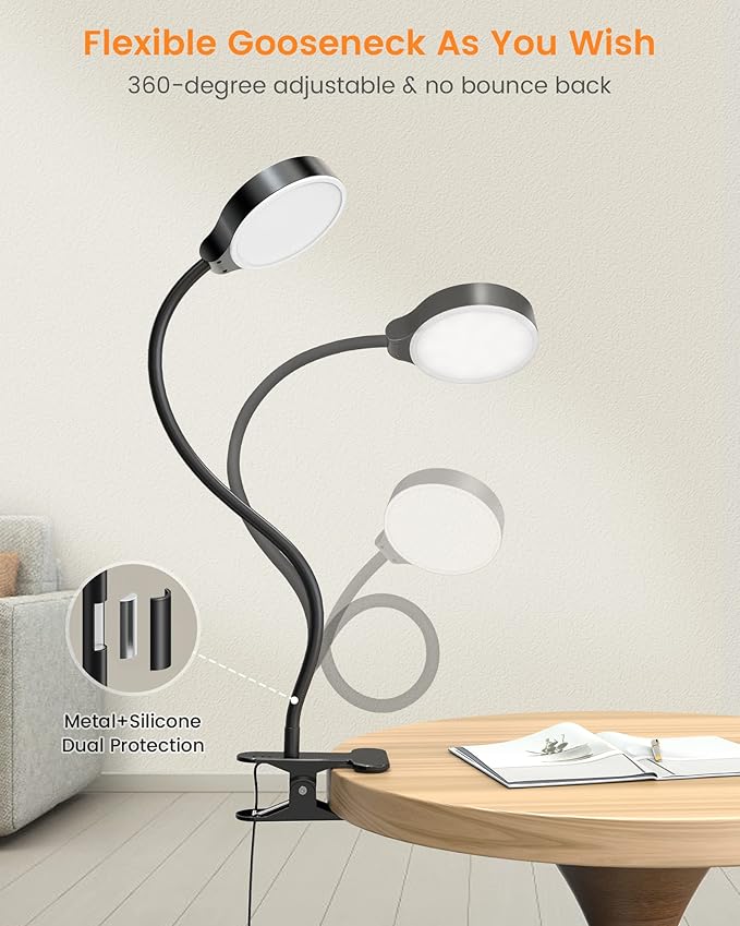 Glocusent 5W Clip on Light, 3 Colors & 5 Brightness Reading Light for Bed | Flexible Gooseneck Clip on Lamp, 30-Min Timer, Reading Lamp, Perfect Desk Lamp for Dorm,Bunk,Bed,Headboard,Table,Work,Craft - Image 4