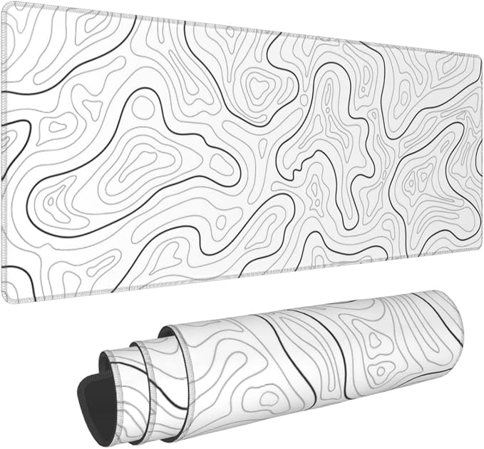 Abstract Topographic Map White Grey Black Gaming Mouse Pad Long Mouse Pad Large Desk Mat 31.5 X 11.8 Inch Mousepad with Non-Slip Base Stitched Edge Keyboard Mat for Gaming Office by ZWHEZYYS
