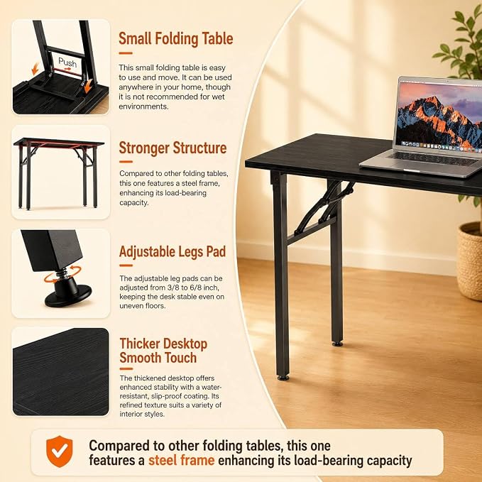Folding Table Computer Desk - 55.1" No Assembly Folding Desk Design and Foldable Office Desk, Small Desk for Bedroom, Compact Storage Portable Use for Dorm and RV Small Space, Dark Oak - Image 7