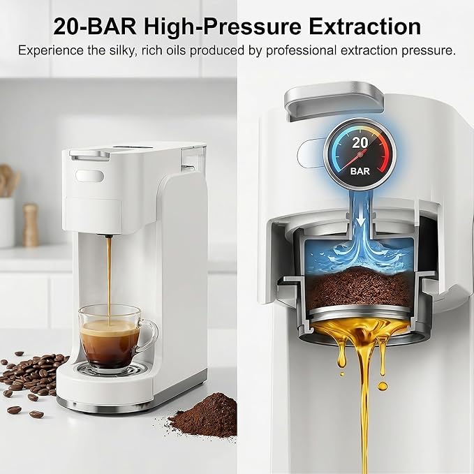 Single-Serve Coffee Maker, 4 in 1 Hot and Iced Coffee Machine, 20-Bar Espresso Coffee Maker for Ground Coffee, K-Cup Pod, NES Original and DG Pod, Customizable Brew Volume, Heats up in 3 seconds - Image 4