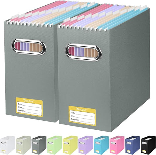 BALEINE File Organizer Box, Cardboard File Folder Organizer with Handle for Letter Size, Portable Collapsible Hanging Filing Box for Home Office Document Storage (2 Pack, Grey) by BALEINE