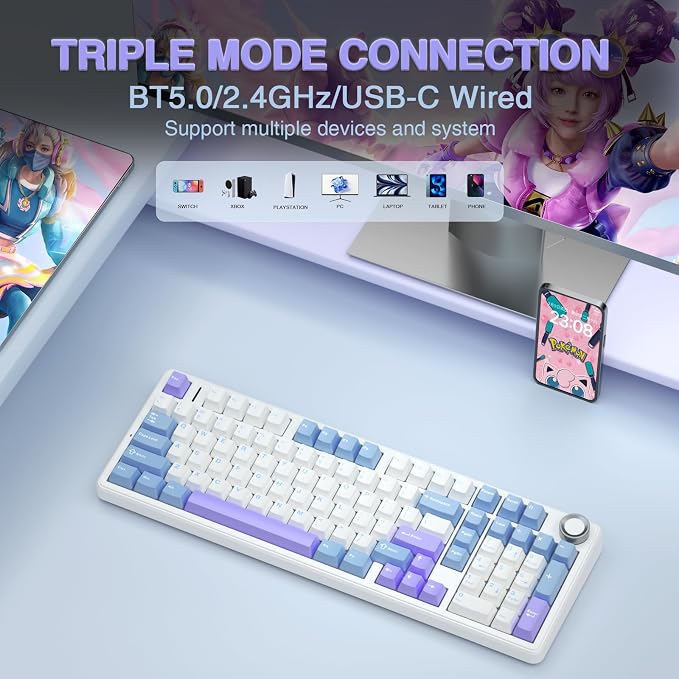 AULA F99 Pro Wireless Mechanical Keyboard with Knob,Creamy Sound,Tri-Mode BT5.0/USB-C/2.4GHz Hot Swappable Keyboard,Gasket Structure,RGB Backlit Computer Gaming Keyboards - Image 3