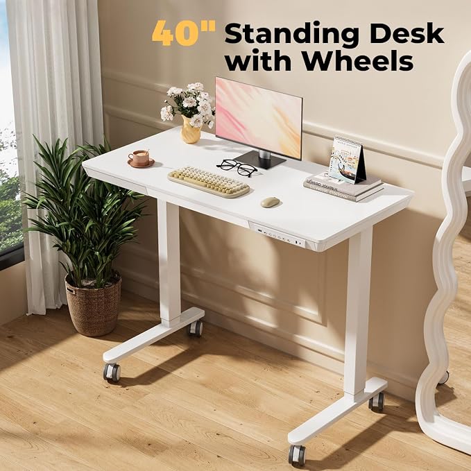 40" Electric Stand up Desk with Drawer, Height Adjustable | Sit Stand Home Office Desk with Storage, One-Piece Tabletop with USB Charging Ports, Quick Assembly Computer Desk on Wheels - Image 4