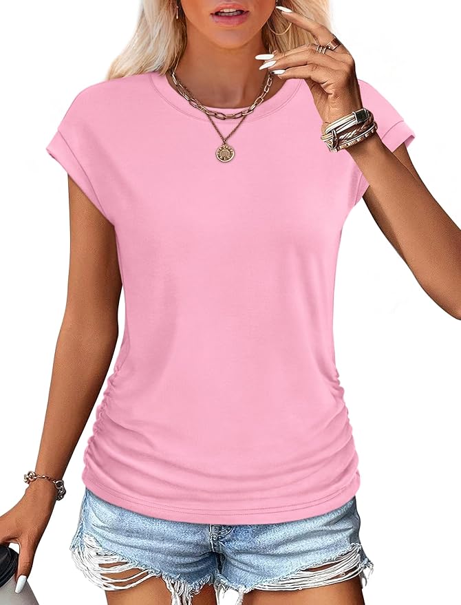 Sampeel Womens Summer Tops Trendy 2026 Ruched Cap Short Sleeve Tshirts Shirts Crew Neck T Shirts Fashion - Image 2