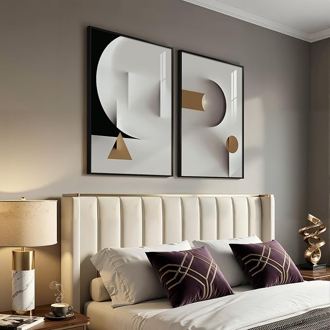 Large Framed Modern Elegant Abstract Wall Art, 2 Piece Black White Gold Geometric Prints Paintings Artwork for Walls, Minimalist Wall Pictures for Living Room Dining Bedroom Hallway Wall Decor 24x36 In - Image 2