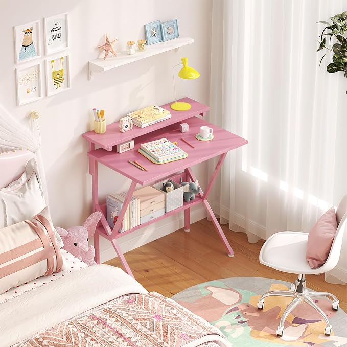 COTUBLR Small Desk, 27.5 Inch Small Computer Desk for Spaces, Computer Desks with Adjustable Monitor Stand, Compact Desks with Storage, Tiny Study Table for Bedroom Home Office, Pink - Image 2