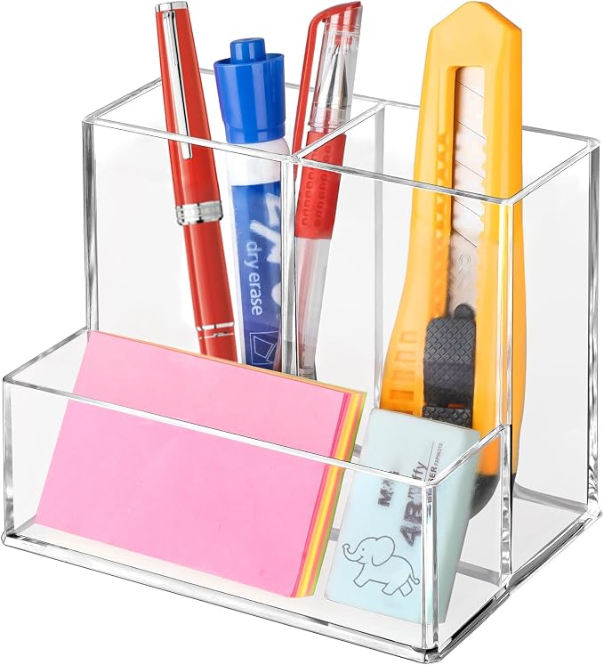Pen Holder for Desk, Clear Acrylic Pencil Holder for Desk, Marker Holder with 3 Compartments, Pencil Organizer for Home, Office, Classroom, Bathroom | Plastic Marker Holder with 3 Compartments, Pencil Organizer for Office, Makeup Brush Holder for Bathr... by Banafich
