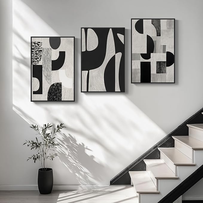 Large Framed Black and White Abstract Wall Art for Living Room, 3 Piece Modern Canvas Prints Paintings Artwork for Walls, Minimalist Geometric Pictures for Entryway Hallway Office Wall Decor 24x36 In - Image 2
