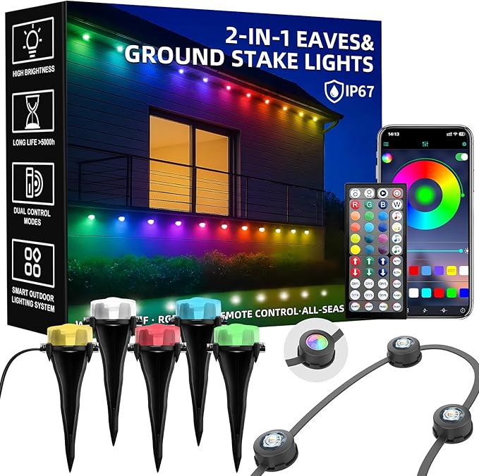 150 FT 2-in-1 Eaves & Ground Stakes LED String Lights, Outdoor RGB Light with App & Remote Control for House, Garden, and Landscape, Waterproof Smart Color-Changing Lighting for Holiday Everyday Decor by Geodurn