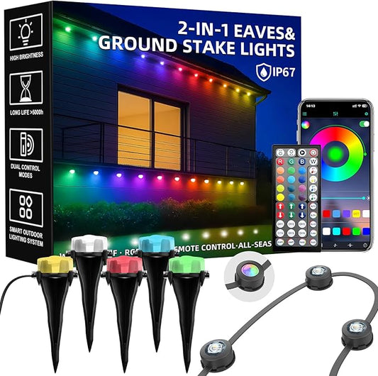 150 FT 2-in-1 Eaves & Ground Stakes LED String Lights, Outdoor RGB Light with App & Remote Control for House, Garden, and Landscape, Waterproof Smart Color-Changing Lighting for Holiday Everyday Decor by Geodurn