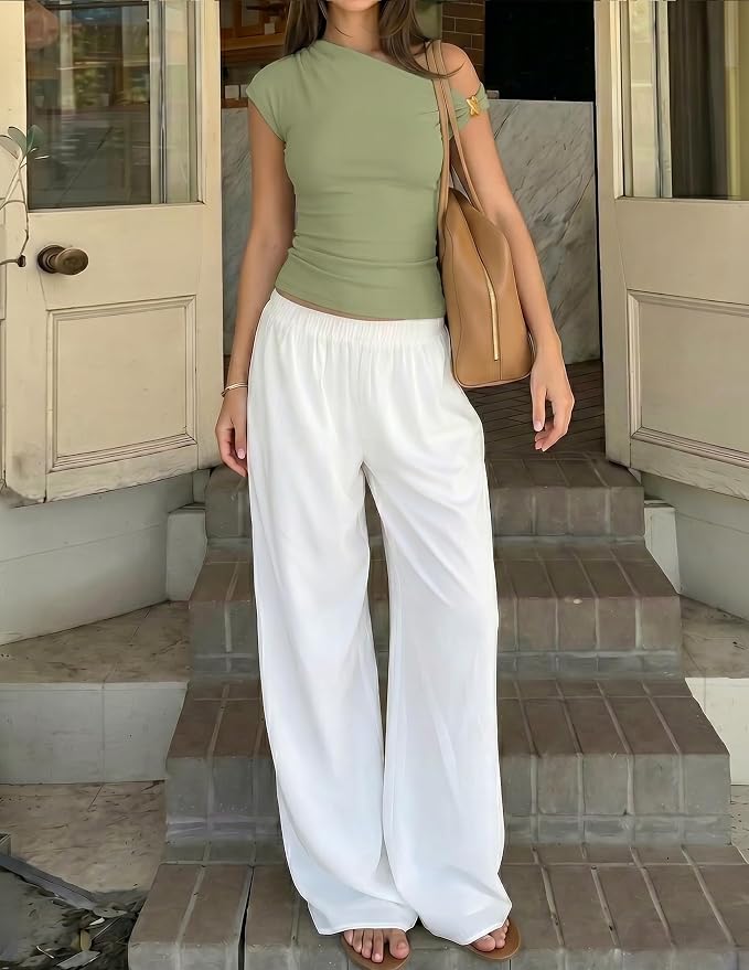 ZESICA Women's 2026 Summer Off Shoulder Tops Going Out Sexy Y2k Shirts Spring Cap Sleeve Ruched Asymmetrical Blouses - Image 4