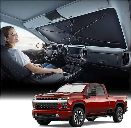 Nmoiss Windshield Sun Shade Umbrella for Silverado - [Vinyl Coating Heat Shield] Protect Car from Sun Rays & Heat Damage Keep Cool and Protect Interior, Spring Structure Edge by Nmoiss