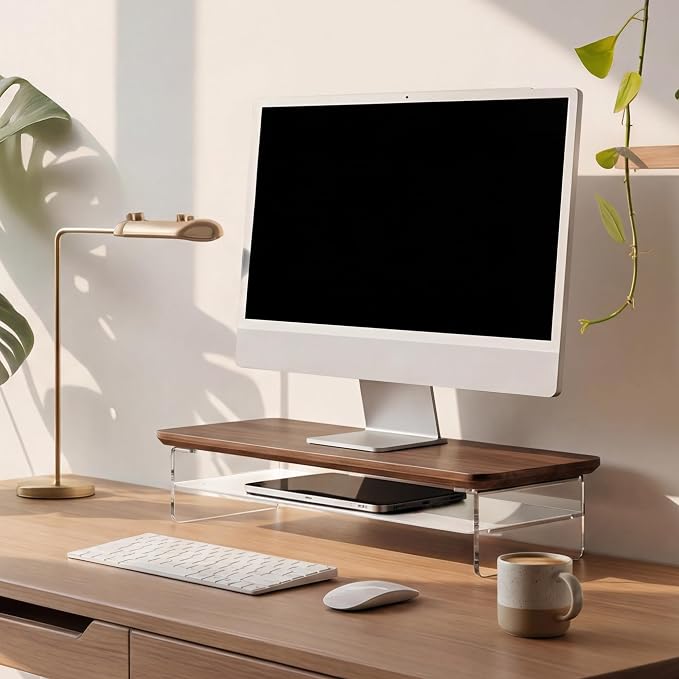 Fenge 23.6" Monitor Stand with Clear Acrylic Legs, Brown | Clear acrylic, storage compartment, 2-tier home office monitor riser, wide large desktop shelf fit monitor/laptop/printer - Image 7