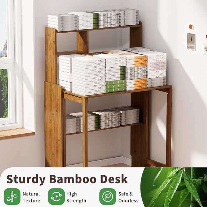 Folding Desk for Small Spaces, Bamboo Foldable Desk with Bookshelf, Brown | Small Computer Desk with Storage, Mid Century, Fold Out，Compact Size, for Bedroom, Living Room, Apartment, Home Office - Image 6