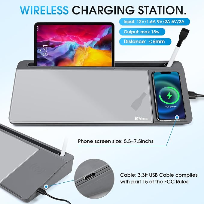 Varhomax Glass Desk Whiteboard with Wireless Charger, Desktop Dry Erase White Board with Storage, to Do List Memo Notepad for Home and Office (Gray) - Image 2