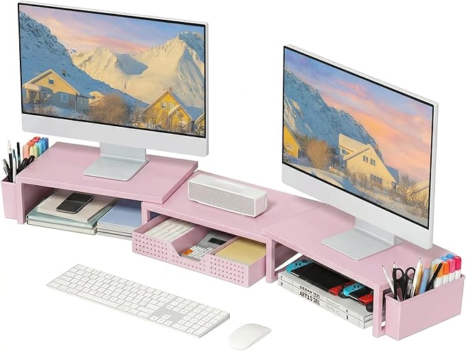 OPNICE Desk Organizers and Accessories, Dual Monitor Stand Riser with Drawer and 2 Pen Holders, Desk Shelf Metal Computer Racks for Office Workspace Organizers, Desktop Organization (Pink Metal) by OPNICE