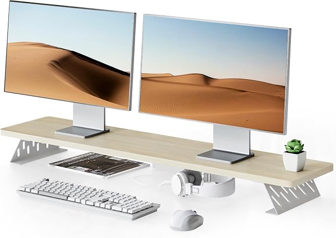 Fenge Dual Monitor Stand Riser, 42.5 Inch Desk Top Shelf for 2 Monitors, Computer Stands for Desk, Wood & Steel Desktop Riser for Laptop, PC, Printer by Fenge