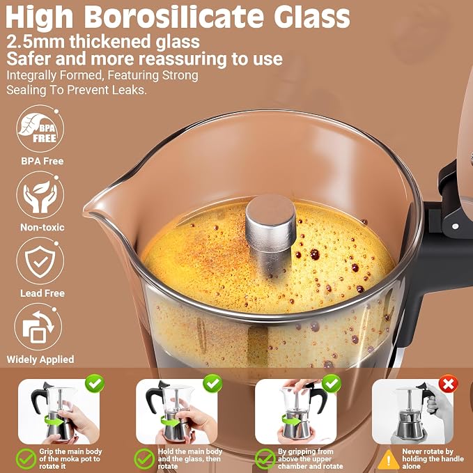 6 Cup 300ml Glass Moka Pot, Stovetop Espresso Maker, Silver | Crystal Glass-top & Stainless Steel Coffee Maker, Induction Compatible, for Greca de Cafe, Cuban and Italian Coffee Brewing - Image 3