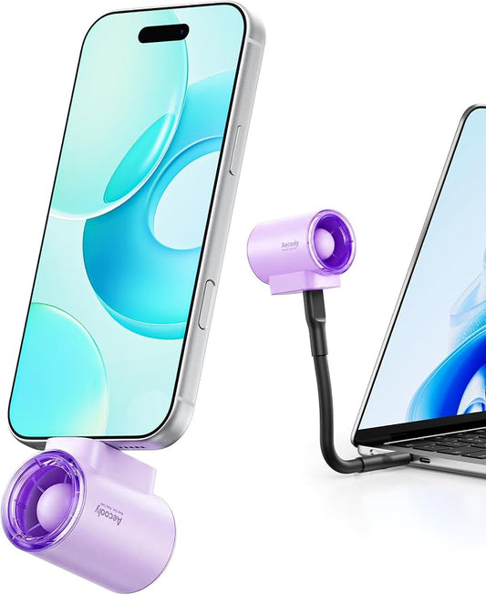 Aecooly Powerful USB C Phone Fan with Flexible Rod, 17000 RPM High Speed, Compatible with iPhone, iPad, Tablet, 4 Speed Mini Portable Phone Fan Attachment for Summer, Travel, Gifts for Women-Purple by Aecooly
