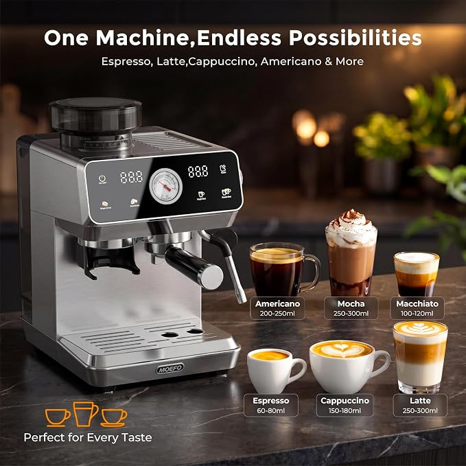 Espresso Machine with Grinder, 20-Bar Programmable Semi-Automatic Coffee Maker, Visual Pressure Gauge & Touchscreen, Compact Design with Tamper, Make Americano, Latte, Cold Brew, Silver - Image 9