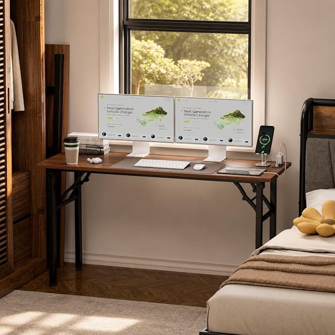 Folding Table Computer Desk - 55.1" No Assembly Folding Desk with Power Outlets & USB Charging Port, Small Desk, Foldable Office Desk, Compact Storage Portable Use for Small Space, Dark Walnut - Image 2