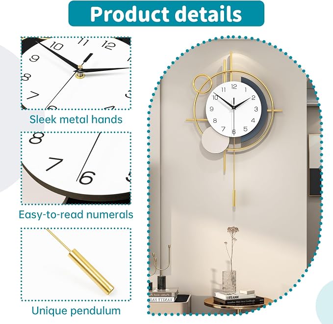 Large Wall Clocks for Living Room Decor Modern Wall Clock Battery Operated Silent Non-Ticking for Bedroom Office Kitchen Home Decoration Gold Metal Unique Wall Watch Clock 17.7x27.3in - Image 5