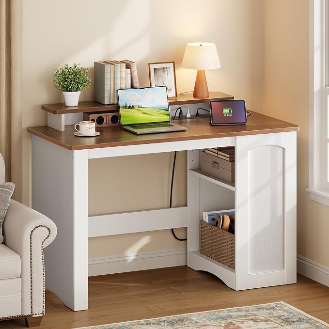 HOOBRO Farmhouse Computer Desk, Office Desk with Charging Station, Executive Desk with Monitor Stand & Adjustable Shelf, Small Desk for Small Space, Study, Living Room, White and Walnut WH85UDN01 - Image 8