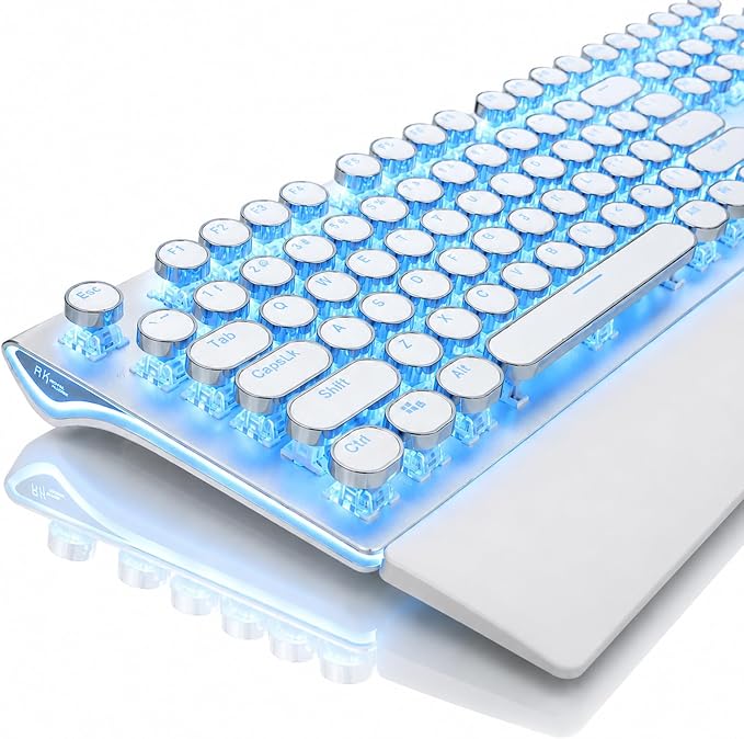 RK ROYAL KLUDGE S108 Typewriter Mechanical Keyboard, Retro Wired Gaming Keyboard with Number Pad and Detachable Wrist Rest, 108 Keys Full Size PC Game Keyboards, Clicky Blue Switch, Blue Backlit White by RKROYALKLUDGE