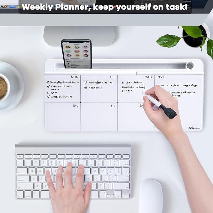 Varhomax Glass Weekly Dry Erase Desk White Board, Desktop to Do List Planner Whiteboard Calendar with Storage Caddy Memo for Home and Office, White - Image 2