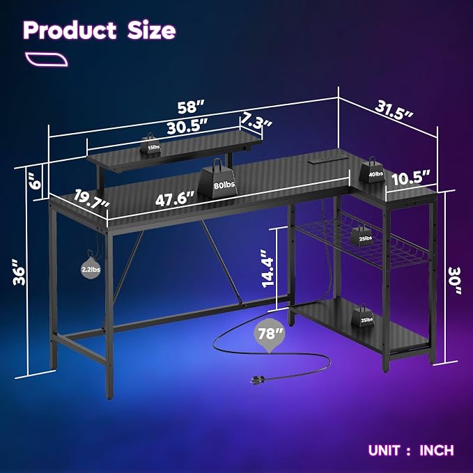 Bestier 58-Inch L-Shaped Gaming Desk with Charging & LED, Black | Charging 3AC+2USB, RGB LED Strip, Reversible Shelves, Monitor Stand, Headphone Hook, Metal Mesh Shelf, 58 in - Image 2