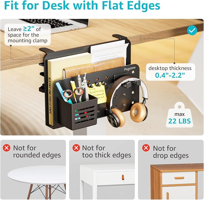 PEGZONE Desk Side Storage Organizer, Fits Flat Edge 0.4" to 2.2", Black | No Drill Under Desk Laptop Holder, Clamp on Desks Shelf with Pegboard Accessories, Hanging Laptop Mount - Image 2