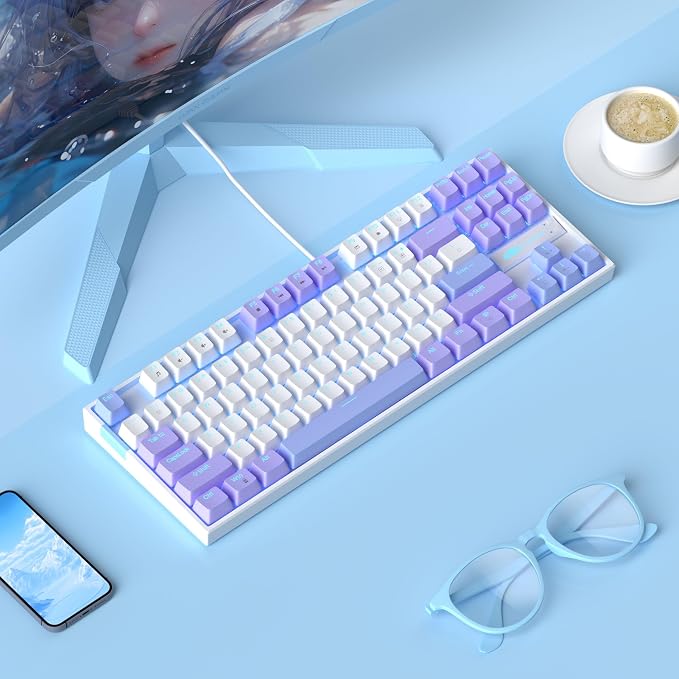 MageGee 75% Mechanical Gaming Keyboard, Red Switch, LED Blue Backlit, 87 Keys Compact TKL Wired Computer Keyboard for Windows Laptop PC Gamer - White/Purple - Image 7
