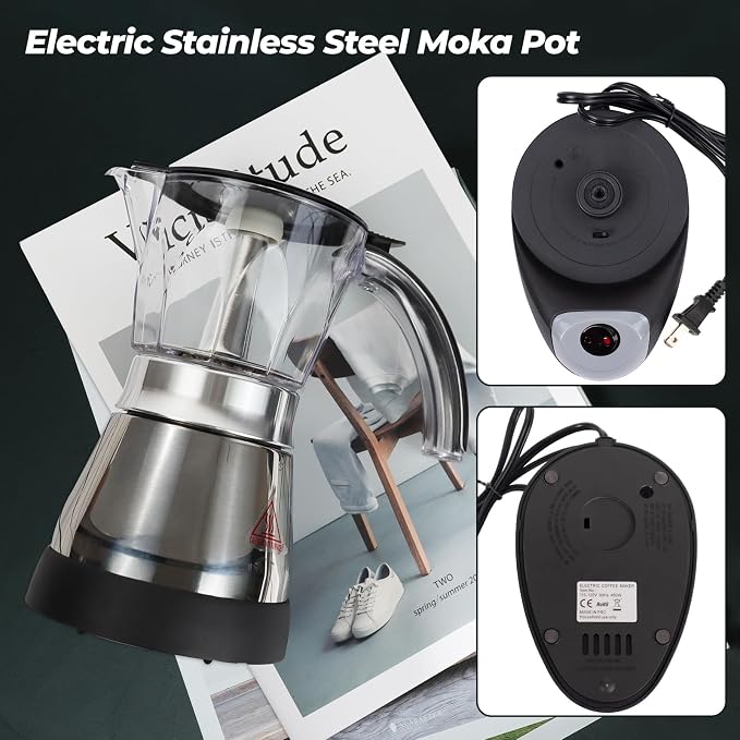 Electric Plastic Clear Moka Pot 3-6 Cup 150-300ml Mocha Pot | Stainless Steel Espresso Maker with Detachable Base Ideal Coffee Maker for Home Italian and Cuban Café Coffeemaker Black - Image 9