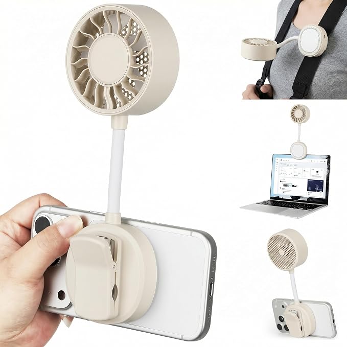 Magnetic Portable Phone Fan, Handheld Small Fan & Phone Holder with 360° Flexible Gooseneck, 3 Speeds, Rechargeable, Pocket Size Summer Cooling for Women, Travel, Beach, Makeup Use (Begie) by Kehuitry