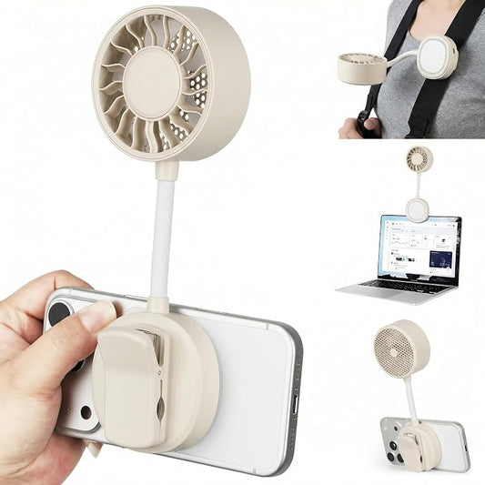 Magnetic Portable Phone Fan, Handheld Small Fan & Phone Holder with 360° Flexible Gooseneck, 3 Speeds, Rechargeable, Pocket Size Summer Cooling for Women, Travel, Beach, Makeup Use (Begie) by Kehuitry