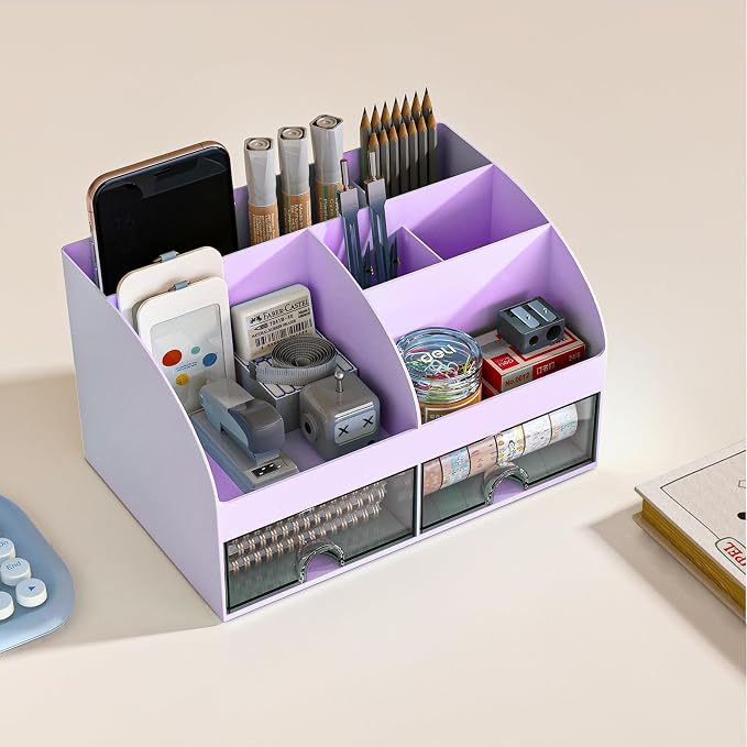COMFYROOM Desk Organizer with 6 Compartments and 2 Drawers, Plastic Makeup Organizer, Pen Holder for Desktop Storage, Desk Organization for School, Home, Office Supplies (Purple) - Image 2