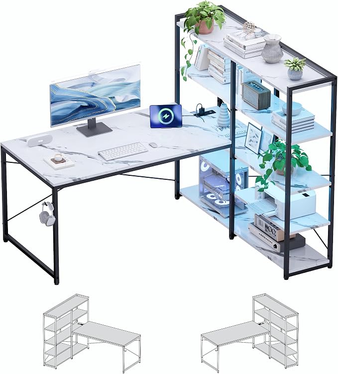 Pamray 49 Inch L Shaped Gaming Computer Desk with Shelves and Storage | Compact Reversible Design with LED Lights & Power Outlets, Suitable for Home Office Bedroom Small Spaces and Dorm Study Work - Image 7