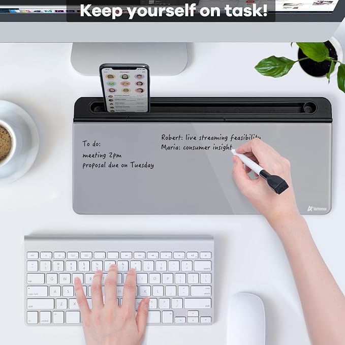 Varhomax Glass Desk Whiteboard with Storage, Desktop Organizer to-do List Memo Notepad Dry Erase White Board for Home Office and School Supplies (Black&Gray) - Image 2
