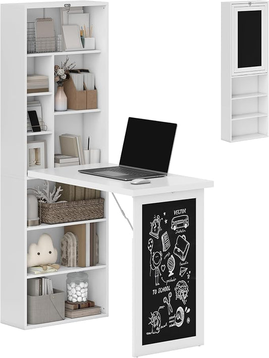HOMCOM Foldable Convertible Writing Table Space-Saving Computer Desk White | Wall Mounted Design, Chalkboard, Storage Shelves, for Small Spaces, Home Office, Bedroom, Dorm, Apartment by HOMCOM