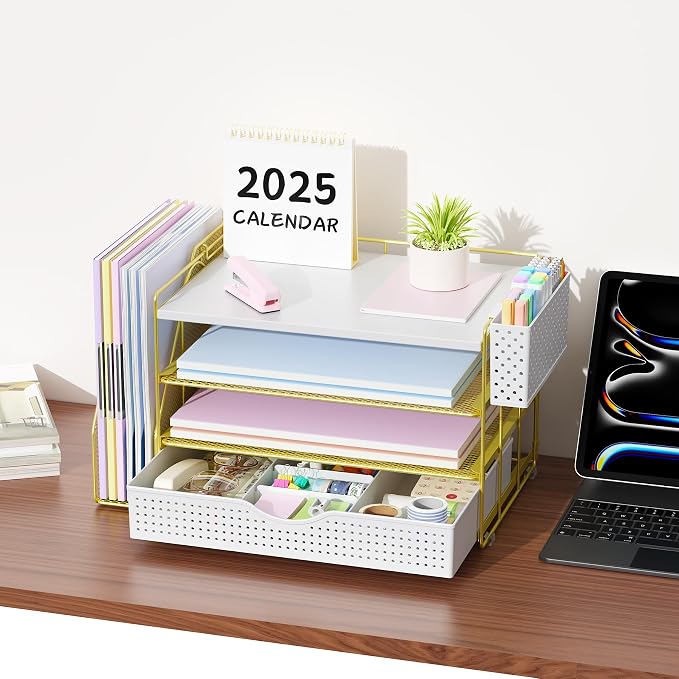 gianotter Wood Desk Organizers and Accessories with File Holder, 4-Tier Desk Accessories & Workspace Organizers with Drawer and Pen Holder, Desk Reference Organizer (Gold, 4T with Drawer) - Image 6