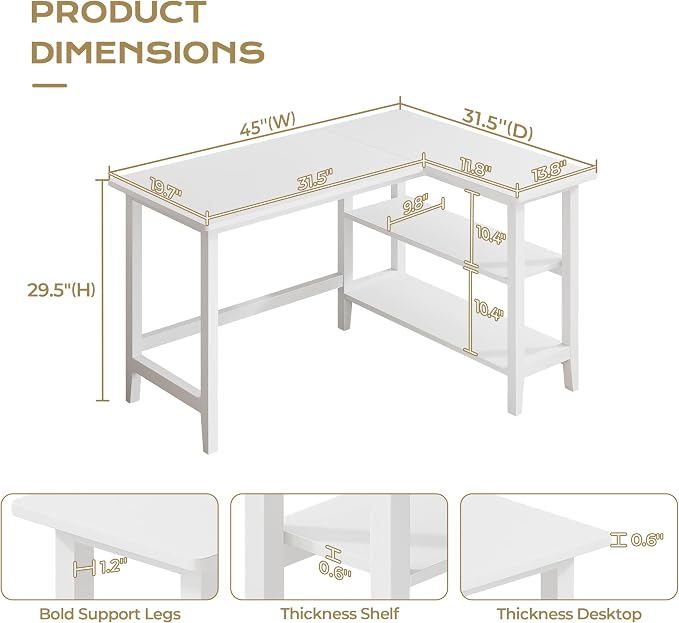 IOTXY Reversible L-Shaped Office Desk - 45" Compact Corner Computer Table with Storage Shelves, Solid Wood Legs, Writing & Study Workstation for Small Spaces, White - Image 2