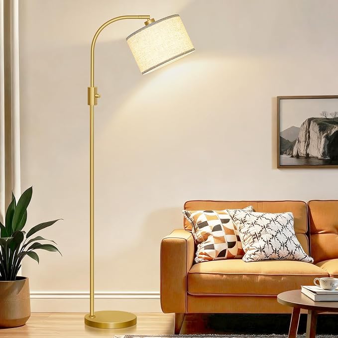 Nintiue Upgraded Modern Arc Dimmable Tall Standing Floor Lamp with Linen Shade, 1200 Lumens LED Bulb Included, for Living & Reading Room, Bedroom, Office & Nursery, Gold - Image 5
