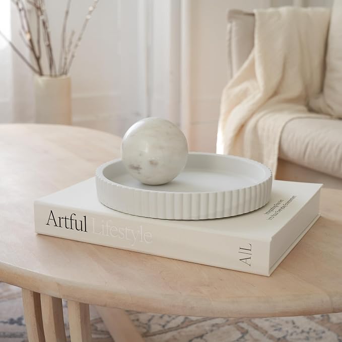 Decorative Concrete Tray & Book Decor Set - Scalloped Tray & Linen Box Enhance Your Coffee Table or Bookshelf Decor - Stylish Home Decoration for Your Living or Dining Room & as a Housewarming Gift - Image 9