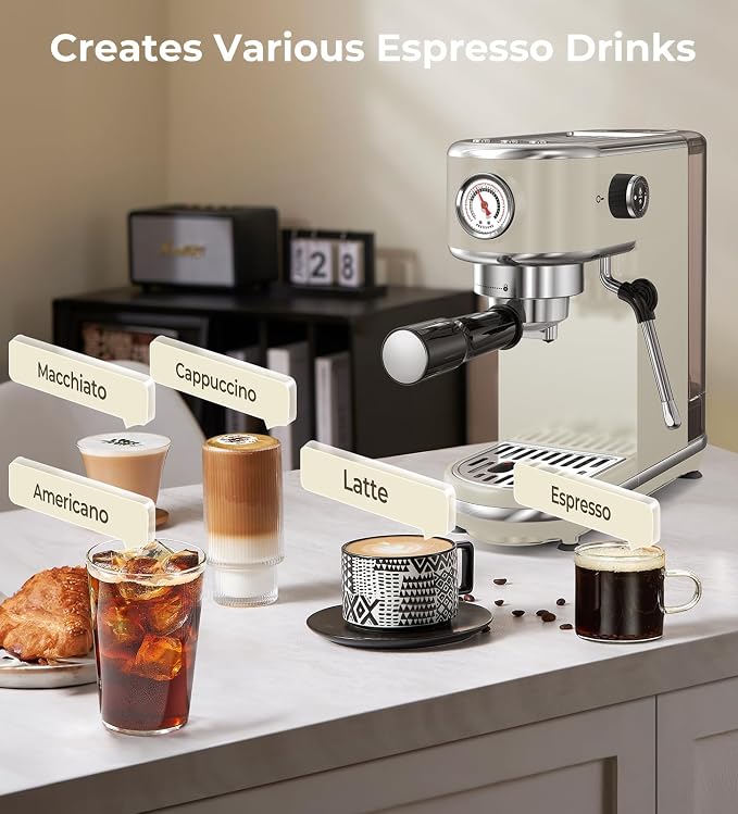 atatix 20 Bar Espresso Machine with Milk Frother, Compact Espresso Maker | Stainless Steel Coffee Machine with Precise Temp Control & 44oz Removable Water Tank for Latte, Cappuccino, Light Grey - Image 2