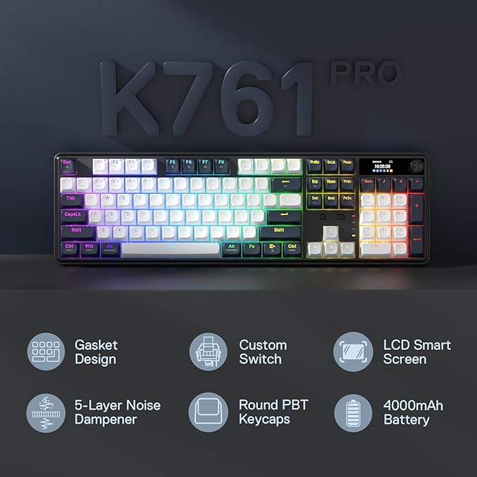 Redragon K761 PRO Wireless 104-Key Gasket Gaming Keyboard, Screen & Knob | Easy-Control LED Info Display, 0-Delay Tri-Mode, Cushioned 5-Layer Noise Dampening for Creamy Thocky Sound, Standard 104 keys - Image 2