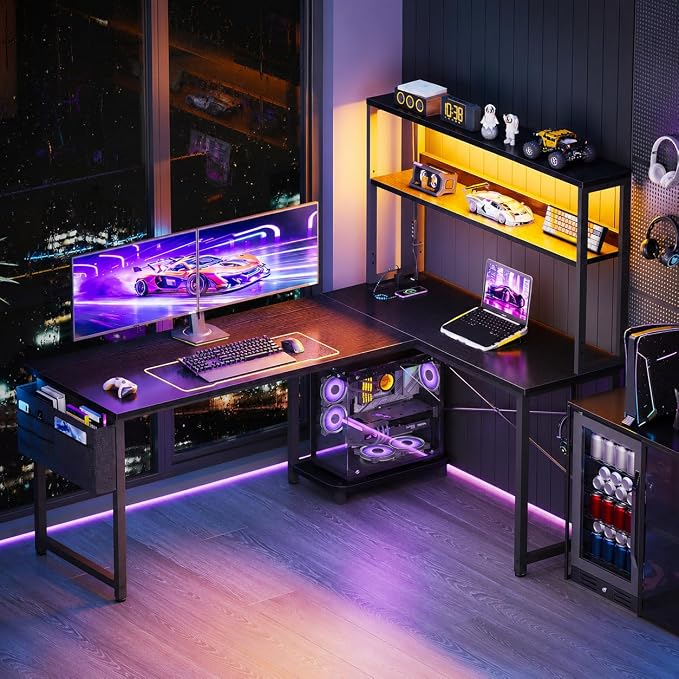 ODK 53" L Shaped Gaming Desk with Shelves, LED & Outlets, Black | Hook for headset, bag for gear. Shelves for books & supplies. LED for gaming nights. Reversible. Home office computer desk. - Image 2