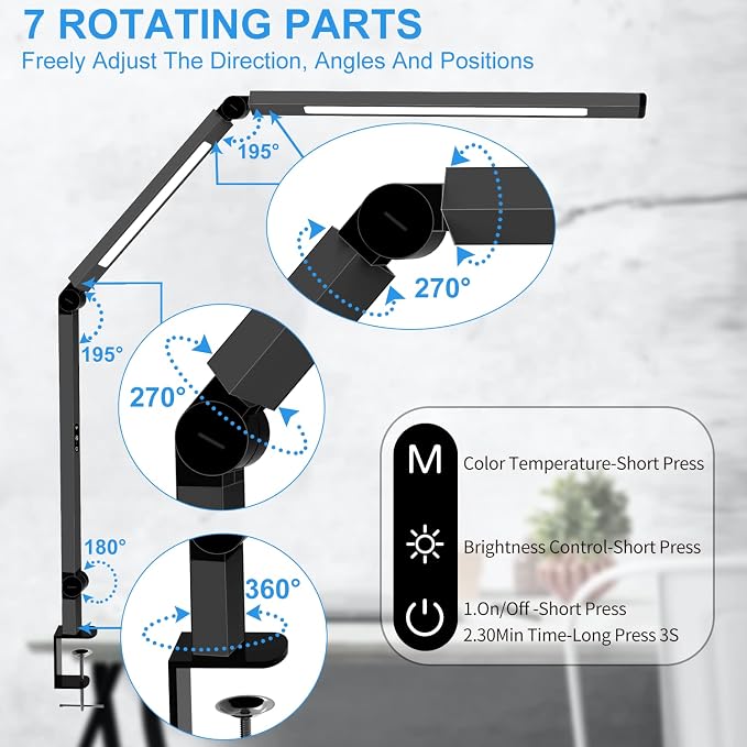 LED Desk Lamp with Clamp, Architect Desk Lamp with Dual Light and Adjustable Swing Arm, Clip-on Eye-Care 4 CCT Modes & 5 Brightness Levels Table Light Modern Computer Lighting for Home Office - Image 3