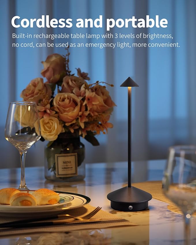 Modern Cordless Table Lamp Set of 2, Black Portable LED Desk Lamps | 5000mAh, Rechargeable, Battery Operated Lighting for Bedroom, Dining Room, Restaurant, Coffee Shop, Camping, Night Light - Image 2