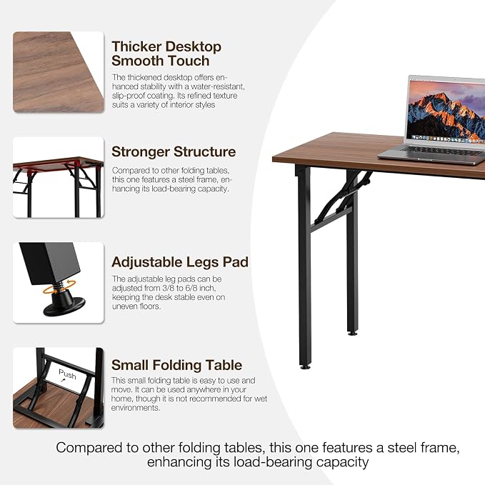 TEMI Small Computer Desk Folding Table - 43.3" Foldable Office Desk, No Assembly, Perfect for Small Spaces in Bedroom, Dorm, or Apartment, Portable Mini Desk or Study Table with Compact Design, Walnut - Image 8
