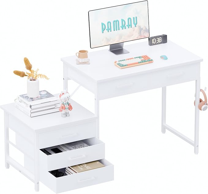 Pamray 47 inch Computer Desk with 5 Drawers and Printer Space for Office | Ample Storage, Space-saving, Easy Assembly, Sturdy, Suitable for Home Office, Study and Writing, Bedroom and Dorms by PAMRAY